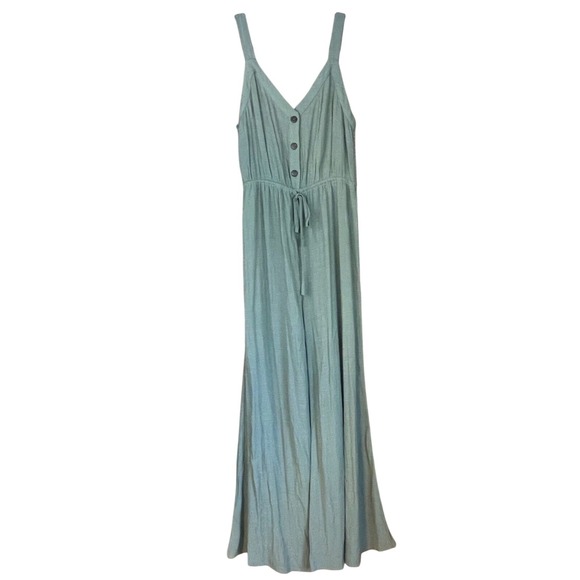 En Creme Pants - EN CREME Sage Green Smocked Waist Drawstring Wide Leg Jumpsuit Medium Boho NEW